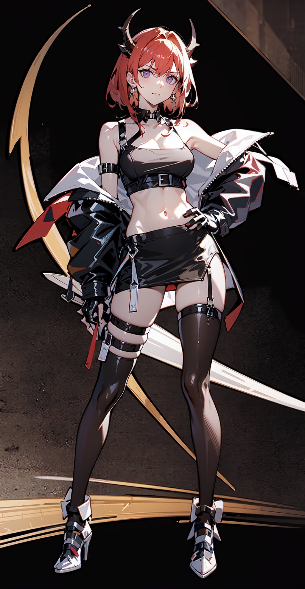 1girl, [slim body], [Full body, full body image], concept art,masterpiece, best quality,  breasts,earrings, horns,looking_at_viewer,   solo, origen,
freedom,crop_top,asymmetrical_bangs,laser_jacket,pencil_skirt,asymmetrical_legwear,Laevatain,racequeen,flame sword behind,hand_on_own_hip,leg_ribbon,ripped_clothes,elbow_fingerless_gloves,
