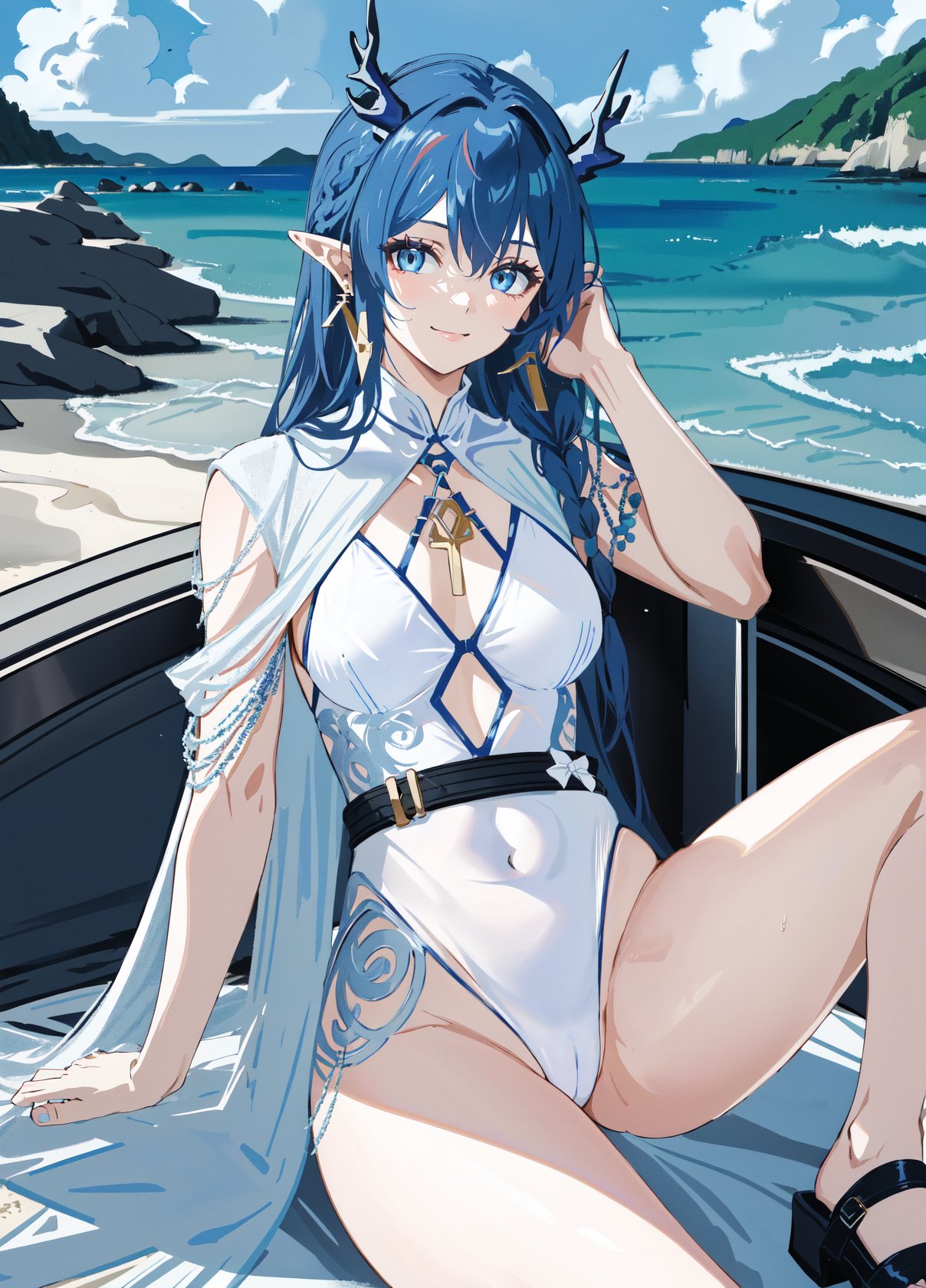 1girl,[slim body],[Full body, full body image],masterpiece, best quality,bangs, blue_eyes,braid, breasts,earrings,horns,jewelry,long_hair,looking_at_viewer,pointy_ears,solo,asymmetrical_bangs,shou elder cutout,shallow smile,bare arms,grace,Argyle pattern cutout one-piece swimsuit,White Woven Shawl,strappy sandals,ring on swimsuit,White beach dress for women,
White Woven Shawl, beach, Braid wrapped around white ribbon,sexy pose,sitting on the seats,breasts,color full background, detaied background,white belt,arm tattoo,chain necklace, open jacket,clothes tailoring
Gradient Clothes,magazine cover,(blue-and-white porcelain Clothes)
