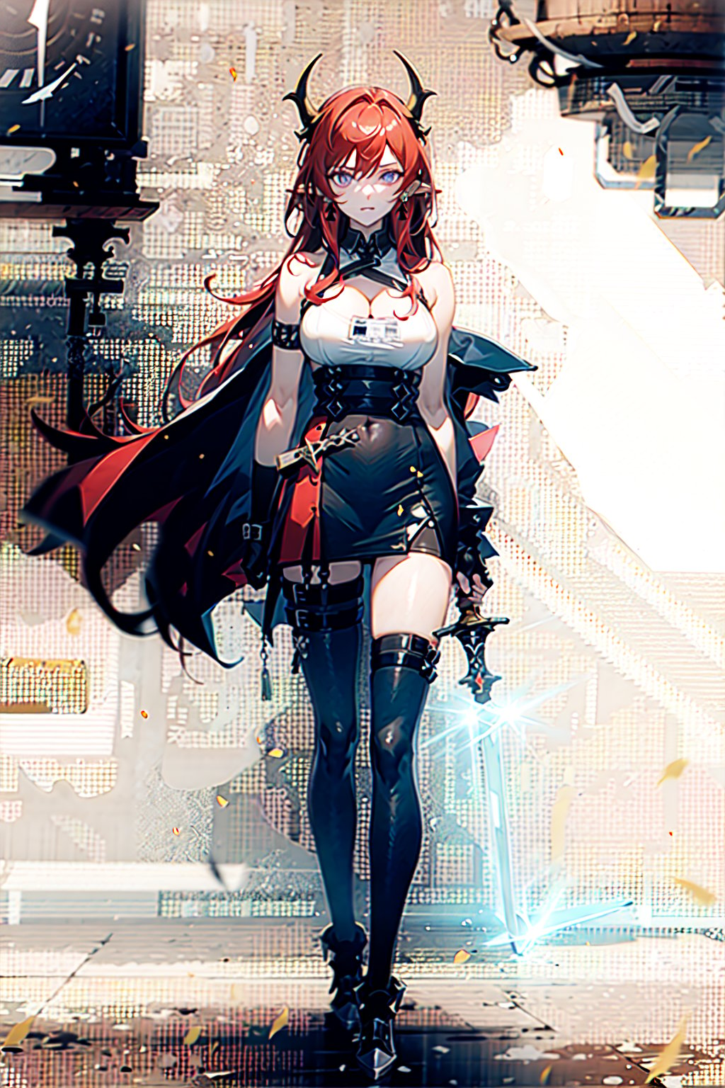 1girl, [slim body], [Full body, full body image], concept art,masterpiece, best quality,  breasts,earrings, red hair,horns,looking_at_viewer,   solo, origen,freedom,crop_top,asymmetrical_bangs,asymmetrical_legwear,Laevatain,leg_ribbon,elbow_fingerless_gloves,long_hair,high-(waist_skirt),sleeveless_shirt,white_shirt,white left shoulder cape,sword,sword on the ground,glowing sword,huge sword,crossed_legs_(standing),cloak,cleavage cutout,tiny_breasts,race_queen,id_card,red sword,white top,pointy_ears,weapon_on_back,pelvic_curtain,Chinese style,laser