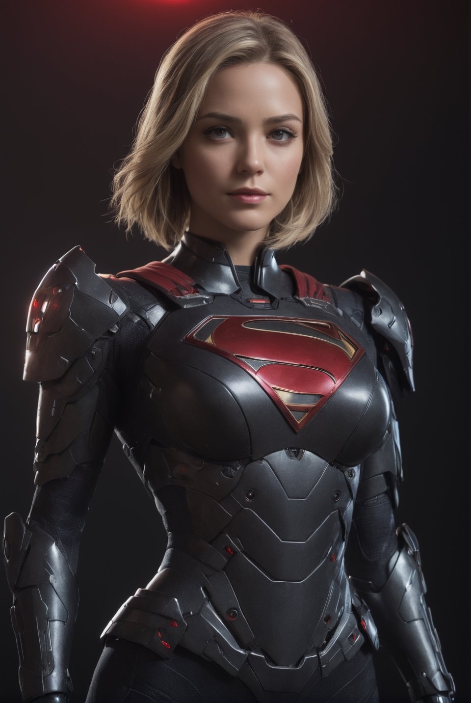 Supergirl from DC Comics. mecha robo soldier character, anthropomorphic figure, wearing futuristic black soldier armor and weapons, reflection mapping, realistic figure, hyperdetailed, cinematic lighting photography, red lighting on suit, By: panchovilla, mecha, cyborg style,Movie Still,cyborg style