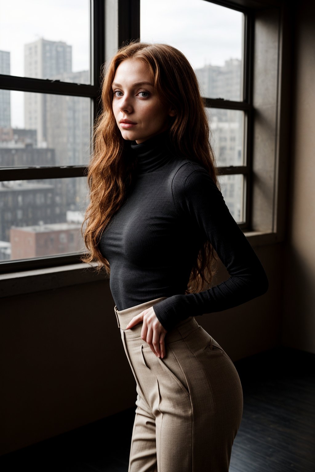 A gorgeous, hot girl with the face of a photo model, extremely thin (anorexia), with long, curly auburn hair. She is dressed in a classic black turtleneck and high-waisted, tailored trousers. She stands in an elegant pose with one hand on her hip and the other lightly touching her chin, her expression pensive and sophisticated. The background is a stylish, minimalist loft with large windows letting in natural light, showcasing a stunning urban landscape.