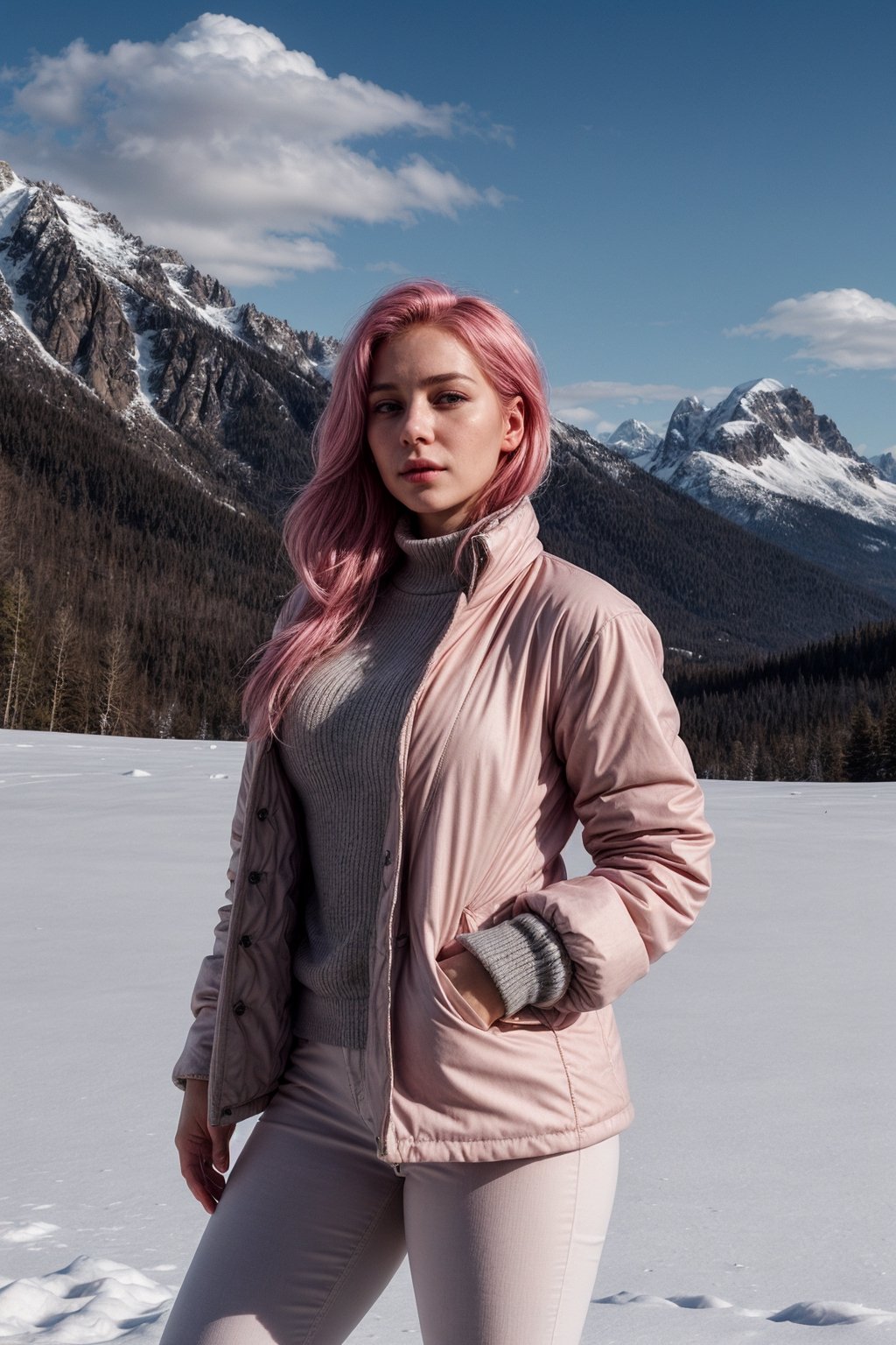 Amidst the pristine beauty of snow-covered mountains, a young woman with an air of quiet confidence poses. Her face, marked by sharp, elegant features, is highlighted by her unusual pink hair, which contrasts vividly with the white snow. She wears a well-tailored jacket that accentuates her slim figure, the classic design of the garment complementing the ruggedness of the environment. Her expression is serious, her gaze fixed on the horizon, suggesting a mind occupied with thoughts beyond the immediate landscape. The jacket, made of a thick, warm material, protects her from the chill of the mountain air, while also adding a touch of sophistication to her appearance. Around her, the mountains rise majestically, their peaks hidden by clouds, creating a sense of awe and wonder that is mirrored in her serene expression.