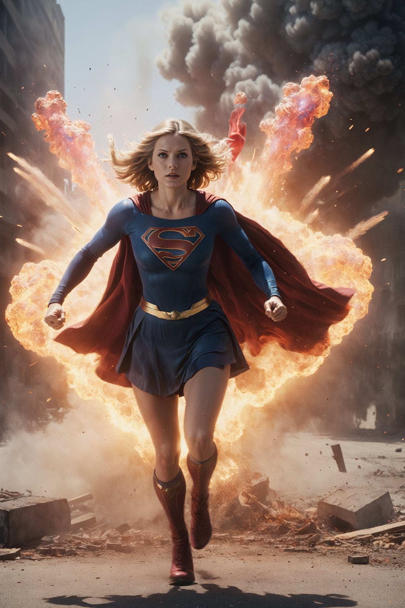 Supergirl in the center of an explosion, bright flames illuminating the scene. Sunny day, dynamic shot, lots of action. Bright colors, explosions, smoke, chaos. Cinematic style, third-person perspective. Maximum detail: detailed textures, explosion effects, environment. Maximum realism: physically accurate explosions, realistic movement, anatomy. Post-processing: color grading, motion blur, effects.

