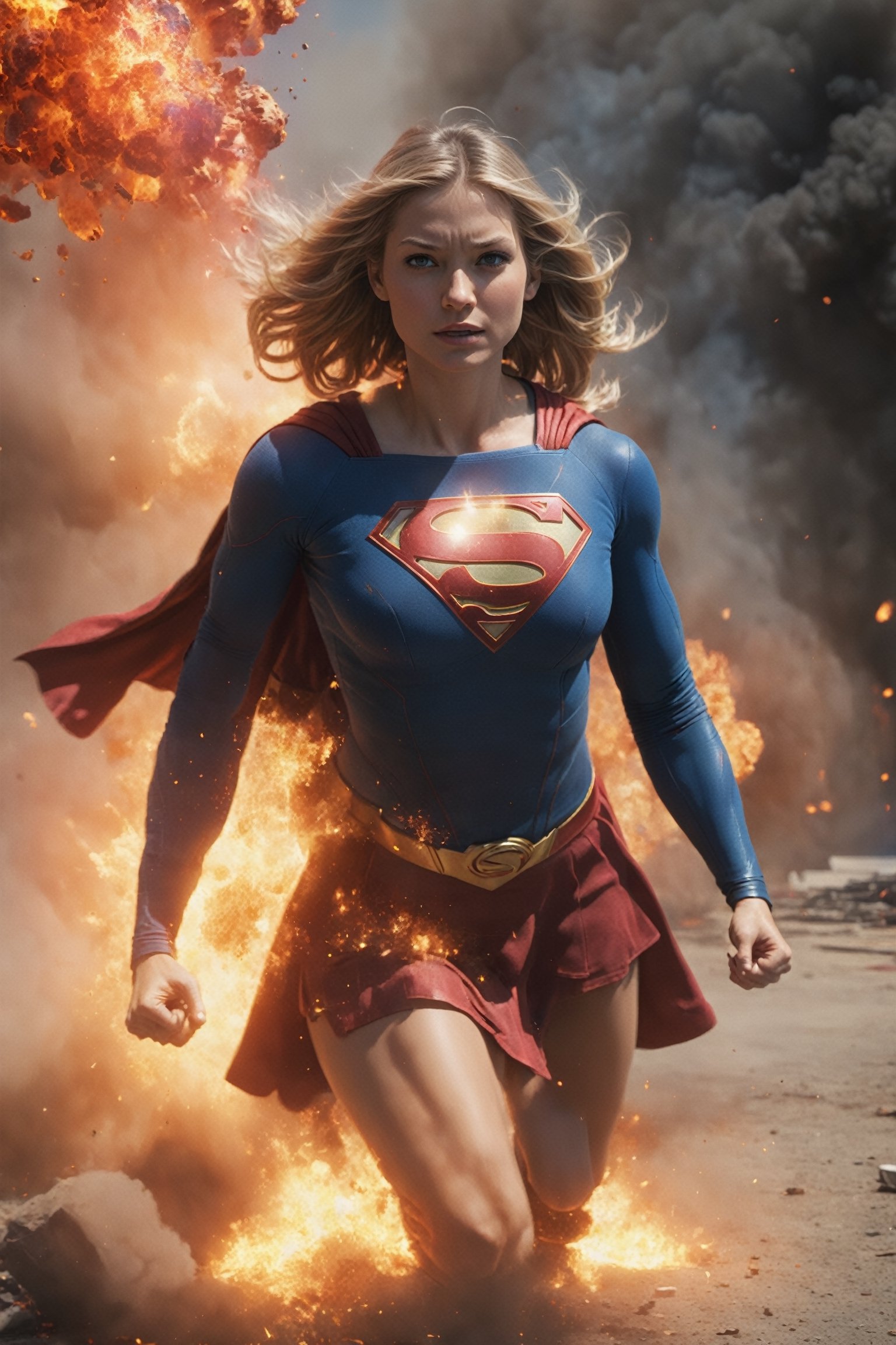 Supergirl in the center of an explosion, bright flames illuminating the scene. Sunny day, dynamic shot, lots of action. Bright colors, explosions, smoke, chaos. Cinematic style, third-person perspective. Maximum detail: detailed textures, explosion effects, environment. Maximum realism: physically accurate explosions, realistic movement, anatomy. Post-processing: color grading, motion blur, effects.

