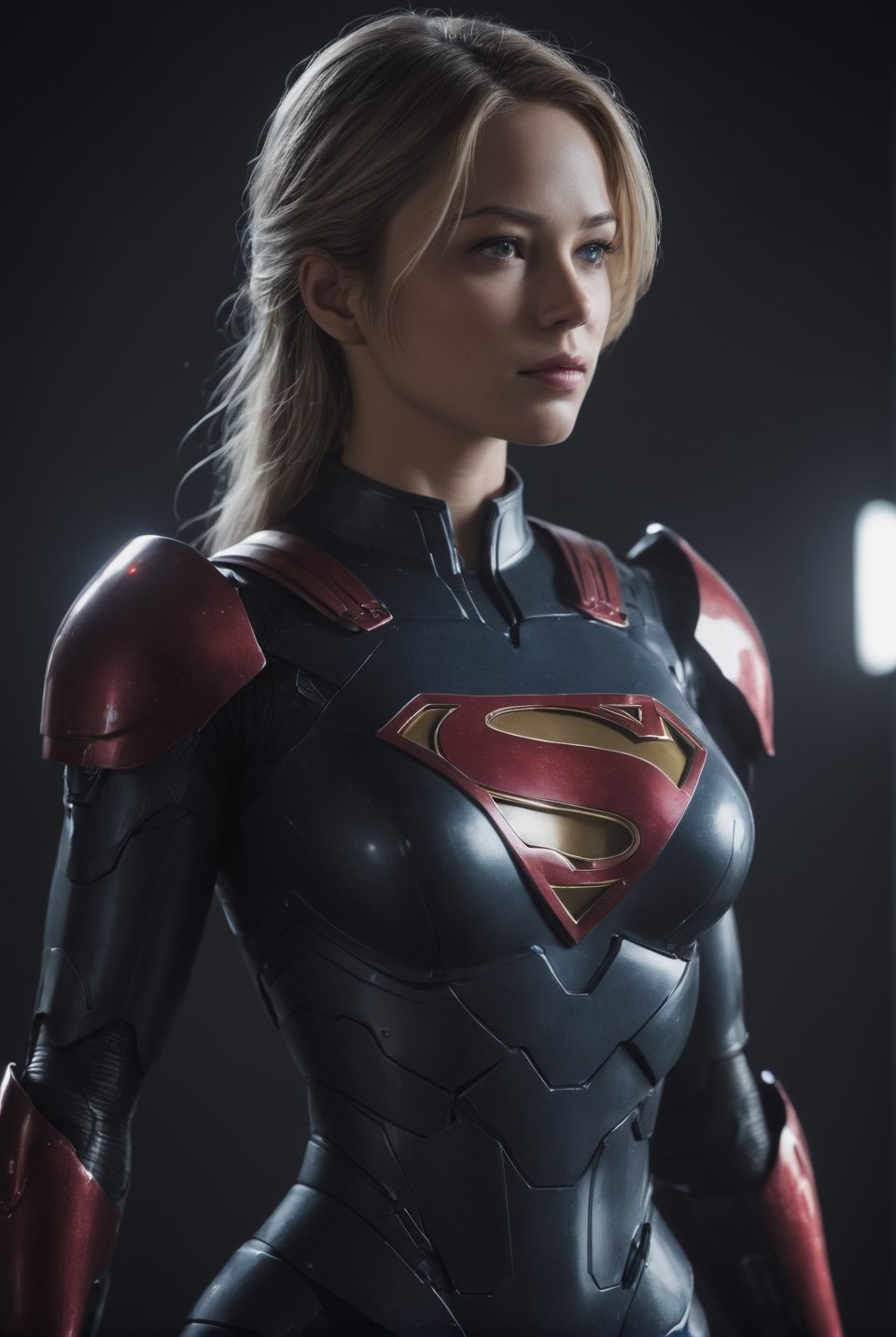 Supergirl from DC Comics. mecha robo soldier character, anthropomorphic figure, wearing futuristic black soldier armor and weapons, reflection mapping, realistic figure, hyperdetailed, cinematic lighting photography, red lighting on suit, By: panchovilla, mecha, cyborg style,Movie Still,cyborg style