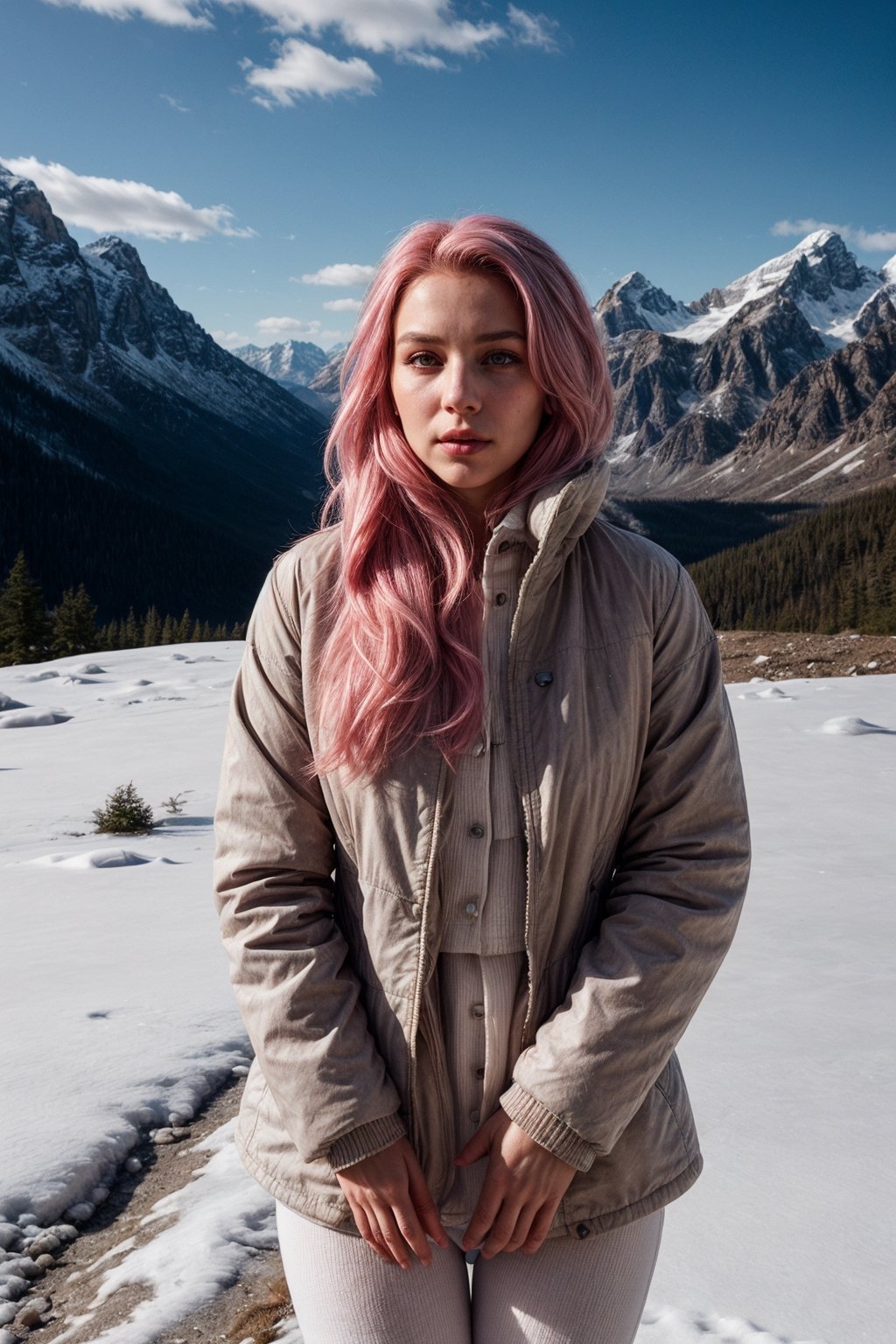 Amidst the pristine beauty of snow-covered mountains, a young woman with an air of quiet confidence poses. Her face, marked by sharp, elegant features, is highlighted by her unusual pink hair, which contrasts vividly with the white snow. She wears a well-tailored jacket that accentuates her slim figure, the classic design of the garment complementing the ruggedness of the environment. Her expression is serious, her gaze fixed on the horizon, suggesting a mind occupied with thoughts beyond the immediate landscape. The jacket, made of a thick, warm material, protects her from the chill of the mountain air, while also adding a touch of sophistication to her appearance. Around her, the mountains rise majestically, their peaks hidden by clouds, creating a sense of awe and wonder that is mirrored in her serene expression.