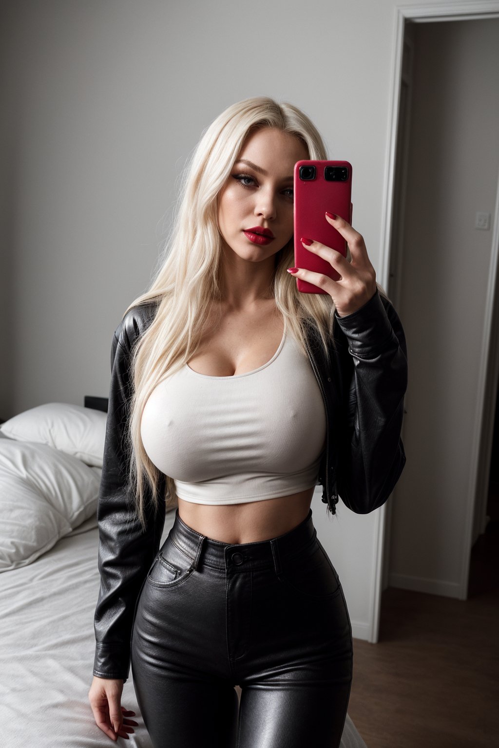 A striking selfie of an extremely slender young woman with large hips, a narrow waist, and very large breasts. She has long, straight platinum blonde hair cascading down her back. Her makeup is done in a glamorous style with bold red lipstick, dramatic winged eyeliner, and contoured cheekbones. She is wearing a tight, black leather jacket over a white crop top, paired with high-waisted skinny jeans. She is standing in front of a full-length mirror, holding her phone up with one hand and her other hand resting on her hip, capturing her reflection. The background is a modern, minimalist bedroom with a neatly made bed and large windows letting in natural light.