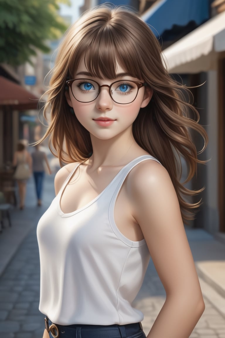 photo of a cute ((18year old girl:1.5)), petite girl, whole body, bangs, ((brown hair:1.3)), (blue eyes), with glasses beautiful girl with fine details, wear lowcut white tanktop, Beautiful and delicate eyes, detailed face, Beautiful eyes, ((realism: 1.2 ))