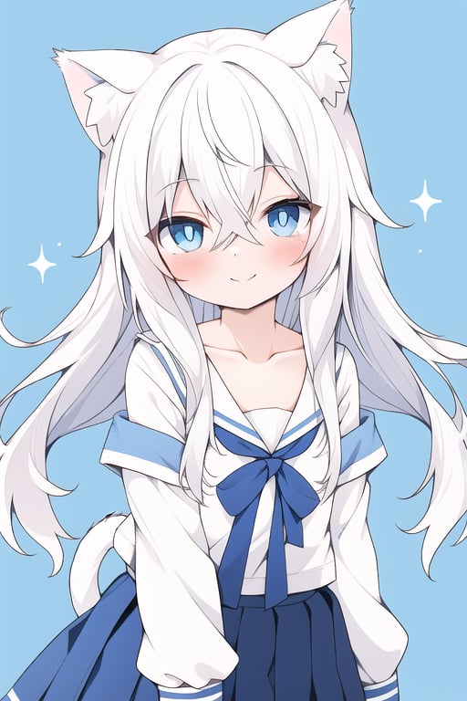 ((catgirl)), white hair, long hair, blush, looking at viewer, blue background, blue eyes, closed mouth,cat ears, hair between eyes, collarbone, female solo, loli, petety, bokeh, head out of frame, pleated skirt,flat chest, white clothes, summer long skirt,facing viewer,smile