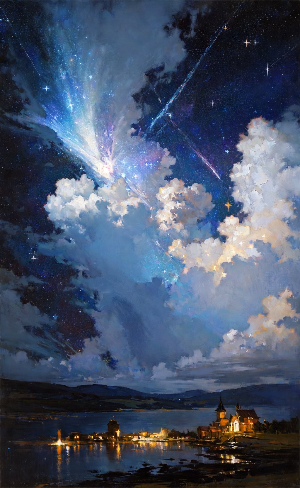 masterpiece, best quality, everyday life in the cloud kingdom, dark moody lighting, (night, night sky, starry sky, star \(sky\), sparkle:1.1),oil painting