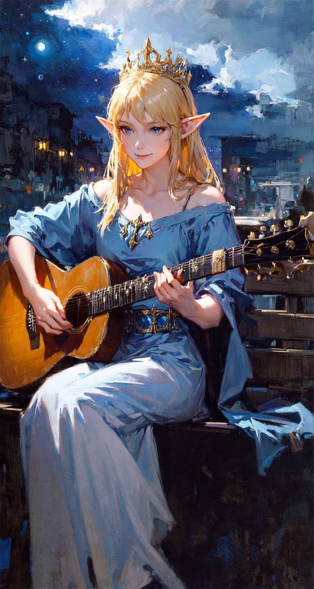 masterpiece, best quality, the cloud elf queen busks on the streets of new york, casual, sitting, playing guitar, dark moody lighting, night sky, night, starry sky, glittering, dark, (smile:0.8),oil painting