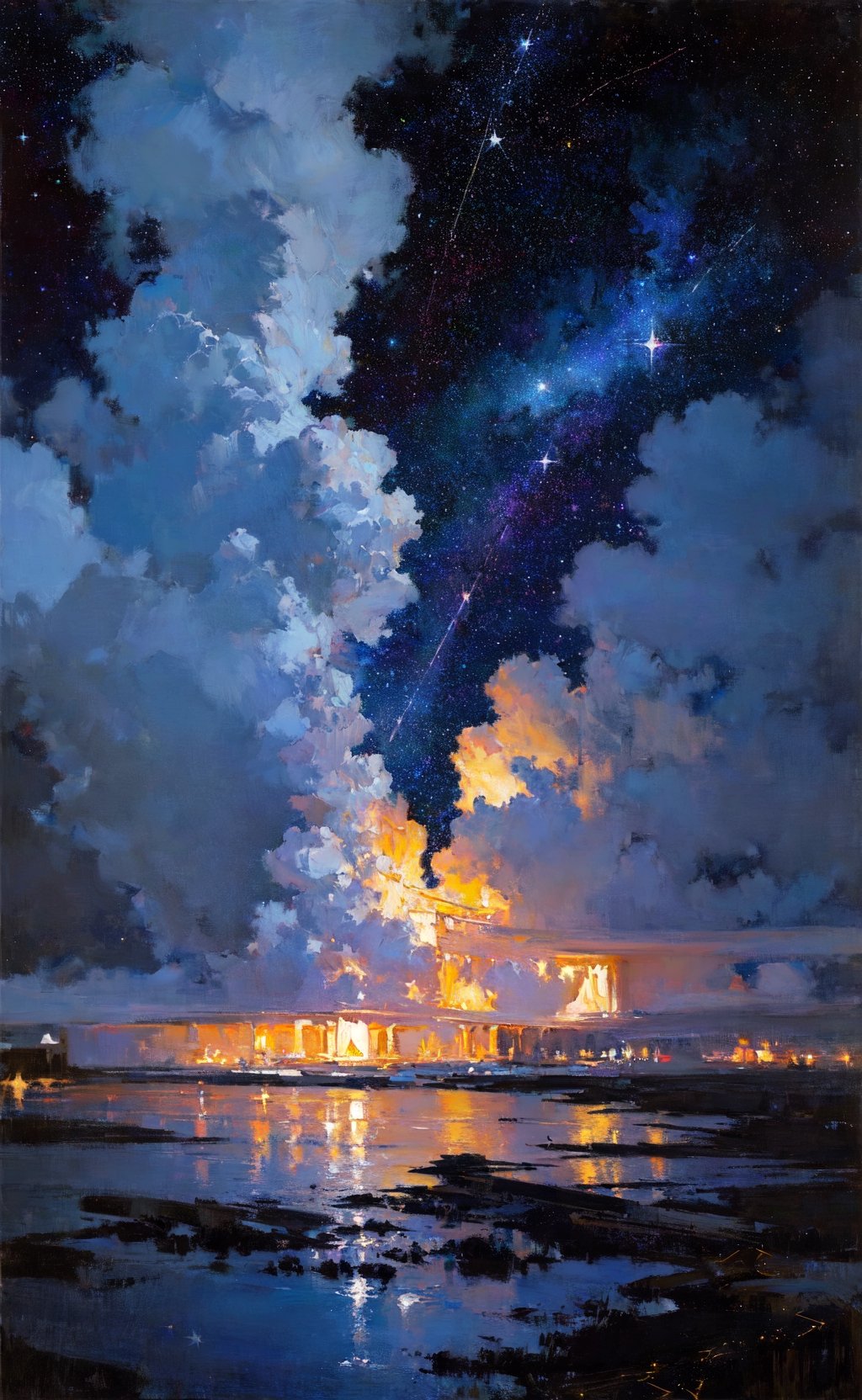 masterpiece, best quality, everyday life in the cloud kingdom, dark moody lighting, (night, night sky, starry sky, star \(sky\), sparkle:1.1),oil painting