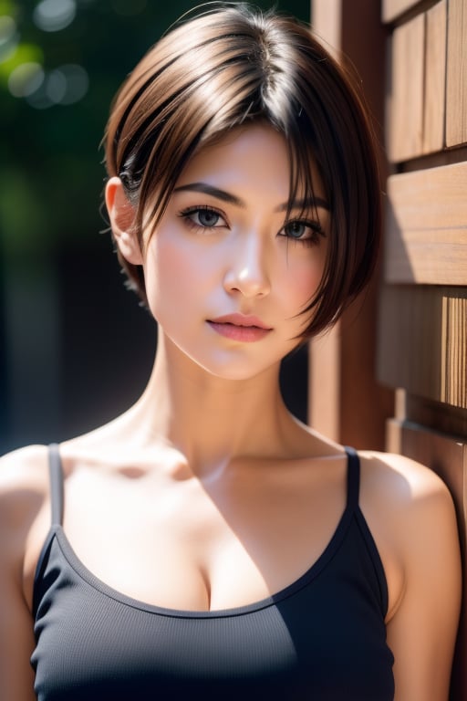 photorealisitc face, (upper body:1.2), (detailed face), hyper realistic, best quality, ultra high res, (photorealistic:1.4), 1girl, best quality, masterpiece, high def, high res, detailed face, high def, high res, closed mouth, realistic skin texture, skindentation, beautiful, (cleavage:1.2), (tanktop:1.2), intricate full color portrait, sharp focus, short hair, pixie_cut,