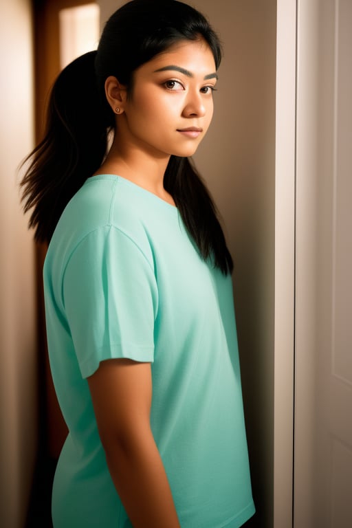 (eye level, headshot:1.2) photo of  1girl, sri lankan, she is wearing costume , she is wearing wrist scrunchie, her hair is styled as Straight High Ponytail, BREAK she is (in the hallway:1.1), silhouetted against the light, shot on Pentax 645Z, rich textures,smooth wide tonality, underexposed,Velvia 100 ,Voigtlnder Nokton 50mm f1.1 ,