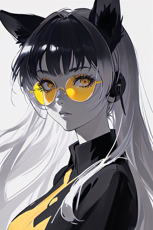 an illustration of a girl wearing yellow sunglasses with hair on her face and with ears, in the style of film noir aesthetic, anime aesthetic, i can't believe how beautiful this is, dark silver and yellow, monochromatic minimalist portraits, pop art sensibilities, animated gifs