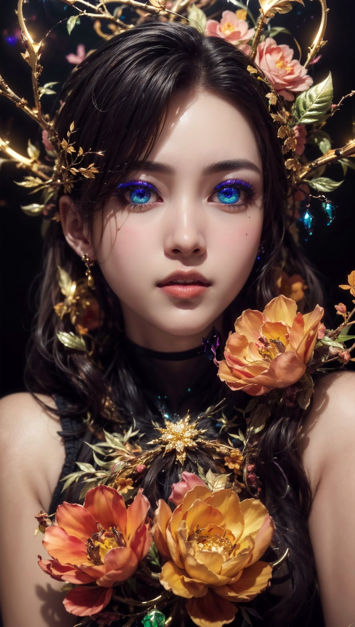 Wide-angle viewed from-above, create a artistic hyperdetailed hyper-realistic beautiful woman with colorful flowers, her body in covered in deeply pigmented gold paint with fractal glass elements, studio lighting, black background, iridescent glow elements, Dolby vision, professional cinematic results, professional portrait photography, 8kUHD, work of beauty and complexity, hyperdetailed face, hyperdetailed eyes, The eyes are golden hazel . (The eyes contain multi different colors), shap focus on eyes ,dripping paint,ColorART,monster,noctuyen