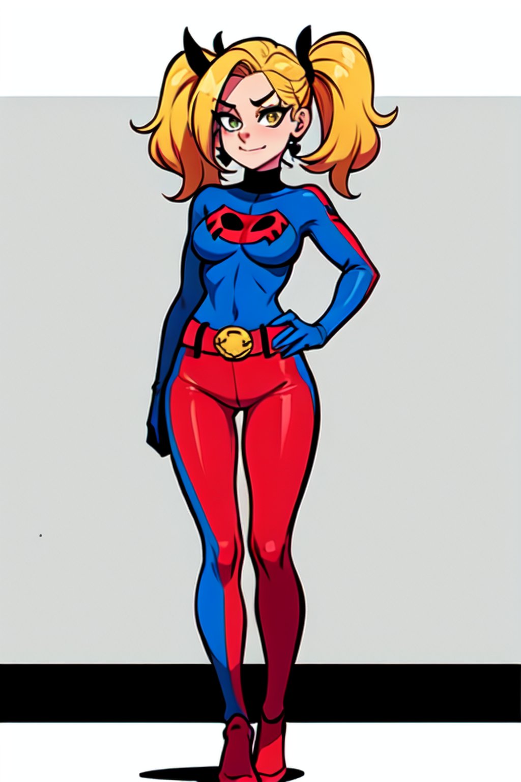 Harley Quinn, 1GIRL, golden_eyes, blonde_hair, pigtail_hair, standing, superhero_outfit, looking_at_viewer, hands on waist, full_body, sexy, beautiful, perfect, attractive