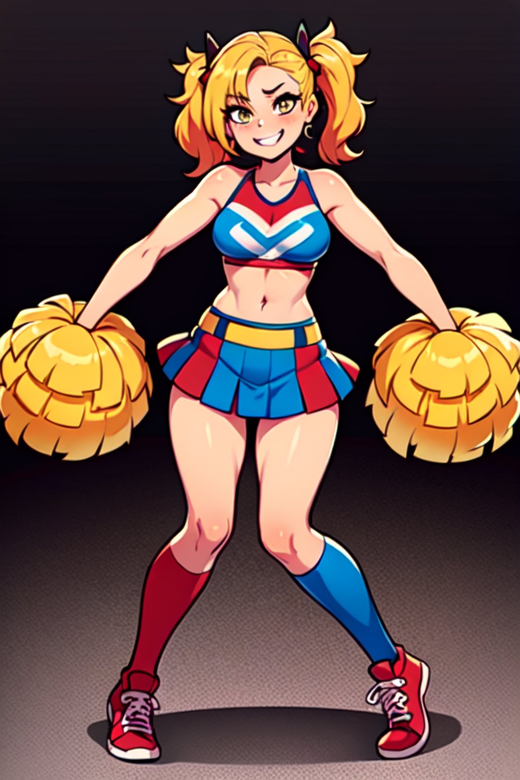 Harley Quinn, 1GIRL, golden_eyes, blonde_hair, pigtail_hair, standing, cheerleader_outfit, looking_at_viewer, hands on waist, full_body, sexy, beautiful, perfect, attractive
