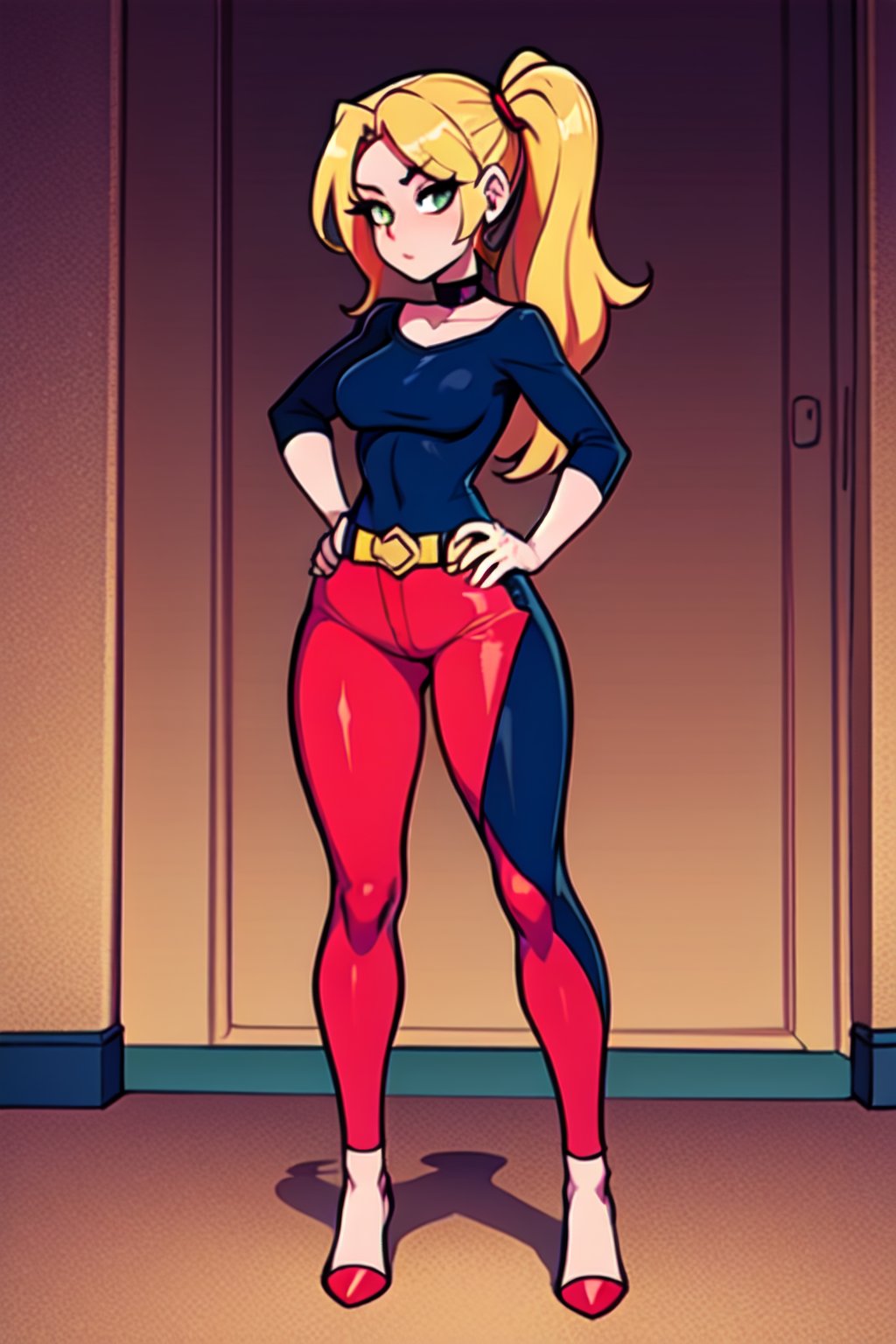 Harley Quinn, 1GIRL, golden_eyes, blonde_hair, pigtail_hair, standing, looking_at_viewer, hands on waist, full_body, sexy, beautiful, perfect, attractive