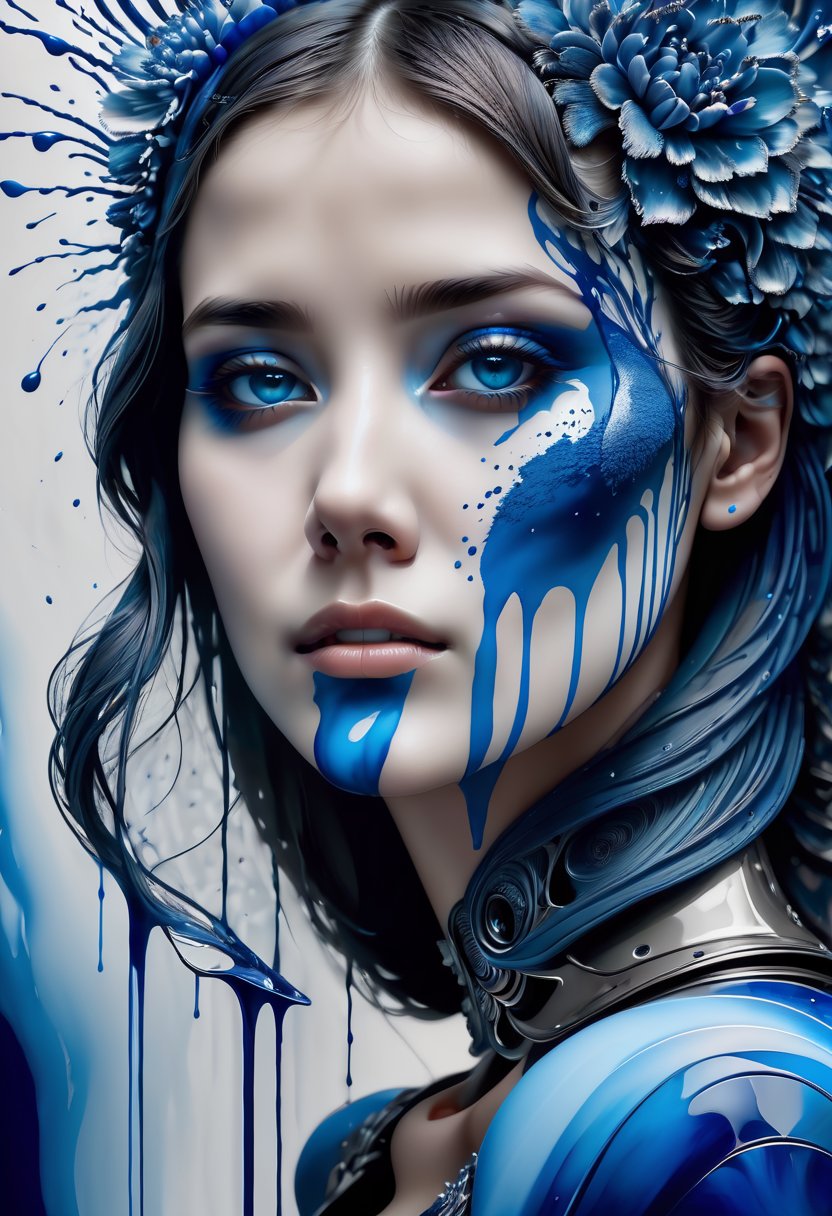 masterpiece, best quality, ultra high res, 1girl, (abstract art:1.4), bleeding blue, blue theme, visually stunning, beautiful, evocative, emotional, side view, 