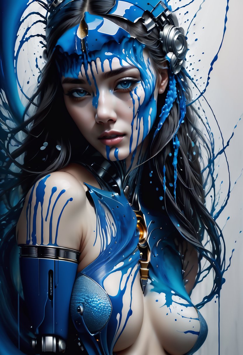 masterpiece, best quality, ultra high res, 1girl, (abstract art:1.4), bleeding blue, blue theme, visually stunning, beautiful, evocative, emotional, side view, 