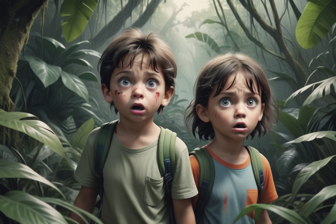 2kids lost in a big jungle. Scared faces. Looking at camera. Photorealistic. Uhd. 64k. 