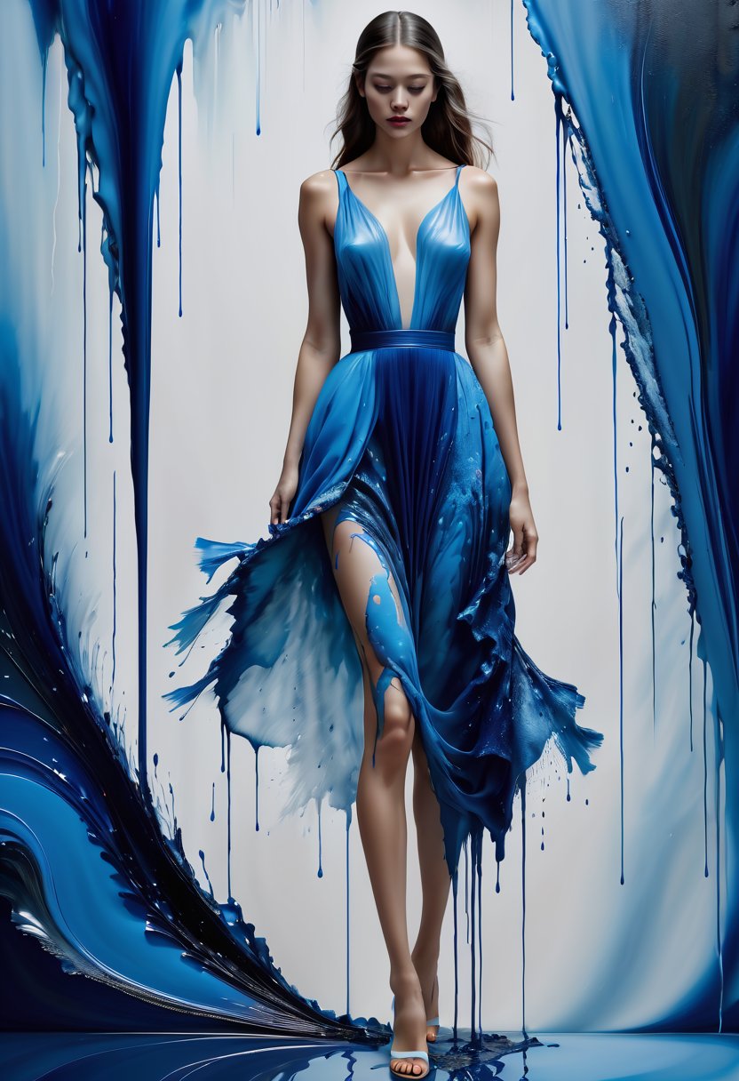 masterpiece, best quality, ultra high res, 1girl, (abstract art:1.4), bleeding blue, blue theme, visually stunning, beautiful, evocative, emotional, side view, 