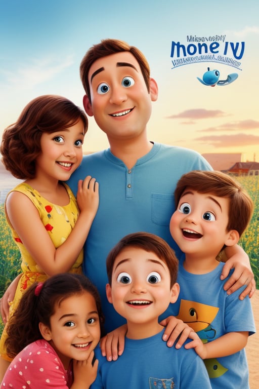 A picture of a happy family consisting of a mother, a father, and three children, in a Pixar style