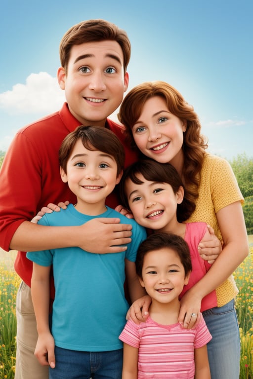 A picture of a happy family consisting of a mother, a father, and three children, in a Pixar style