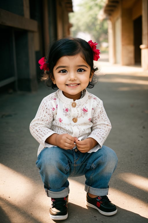 Beautiful smiling toddler Indian girl, stylish haircut, full body, detailed facial features, detailed eyes, atmospheric lighting, Kodak Portra 800 film SMC Takumar 35mm  f/ 2. 8 c 50, 2023