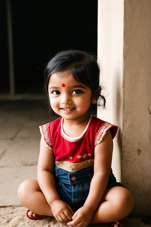 Beautiful smiling toddler Indian girl, stylish haircut, full body, detailed facial features, detailed eyes, atmospheric lighting, Kodak Portra 800 film SMC Takumar 35mm  f/ 2. 8 c 50, 2023