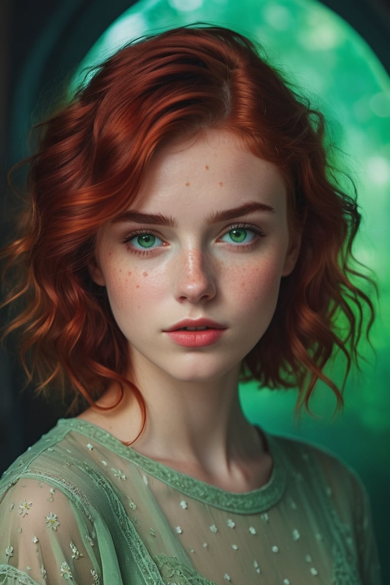 raw realistic potarait of beautiful girlA short, petite frame. Hair so red and wavy falling just past her shoulders, surrounding a circular face with softness, light freckles on her nose, naturally arched red eyebrows over bright green eyes that looked almost blue in some lights., indoor background grainy cinematic, godlyphoto r3al,detailmaster2,aesthetic portrait, cinematic colors, earthy , moody, look , grainy cinematic, fantasy vibes godlyphoto r3al,detailmaster2,aesthetic portrait, cinematic colors, earthy 