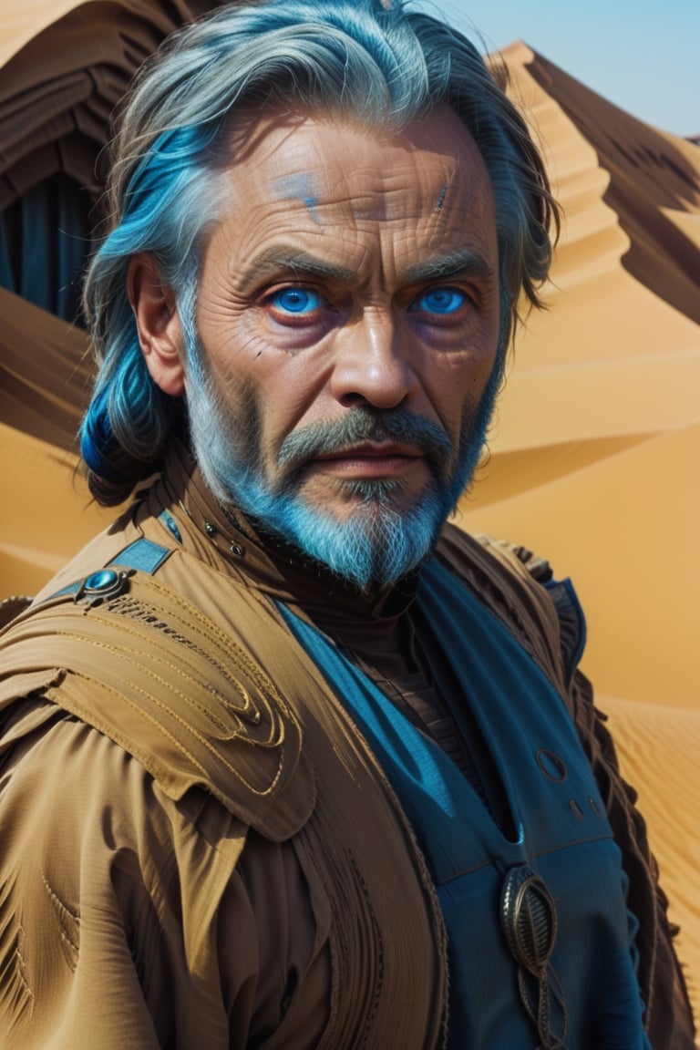 masterpiece, best quality, dune, desert costume, blue eyes, white skin, an old man, gray beard, gray hair,blue_eyes,more detail XL