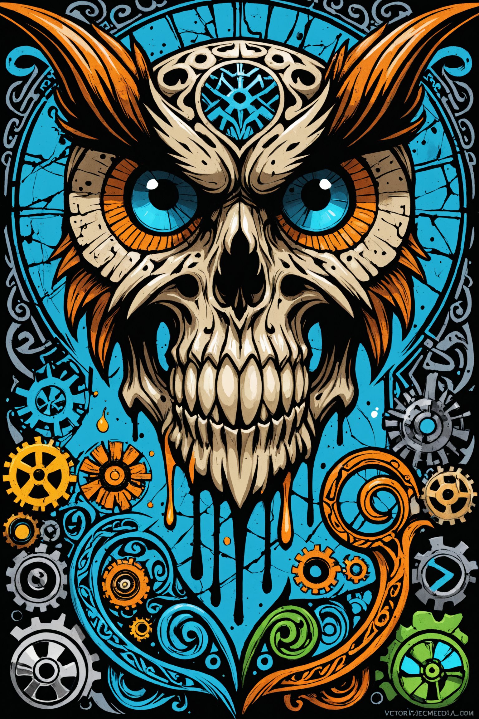 SKULL OWL DETAILED LINE, Illustration style, print ready vector t-shirt design, SCARY skull owl illustration, DIGITAL PAINTING, professional vector, high detail, t-shirt design, graffiti, bright COLORS, highly detailed, pen and ink bold drawing, perfect composition, beautiful detail , intricate, highly detailed, cartoon type, comic book, STEAMPUNK ART, SPLASH PAINT ART, celtic medieval art