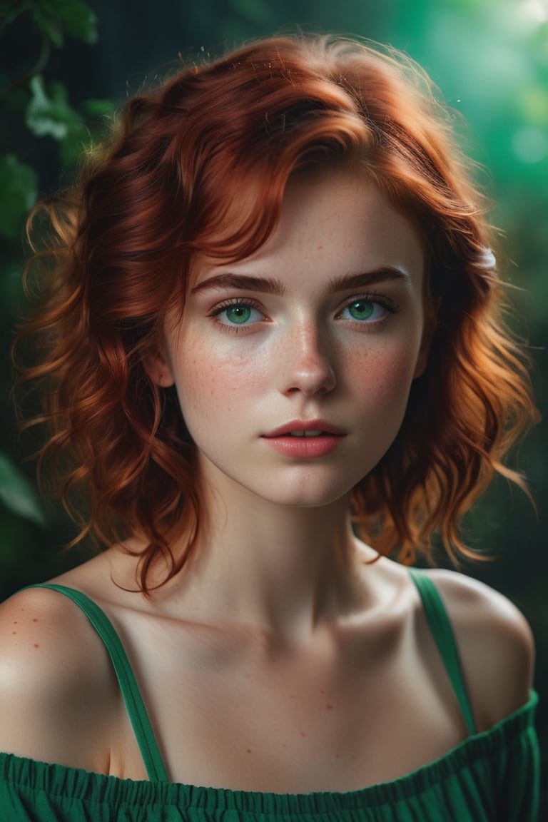 raw realistic potarait of beautiful girlA short, petite frame. Hair so red and wavy falling just past her shoulders, surrounding a circular face with softness, light freckles on her nose, naturally arched red eyebrows over bright green eyes that looked almost blue in some lights., indoor background grainy cinematic, godlyphoto r3al,detailmaster2,aesthetic portrait, cinematic colors, earthy , moody, look , grainy cinematic, fantasy vibes godlyphoto r3al,detailmaster2,aesthetic portrait, cinematic colors, earthy 