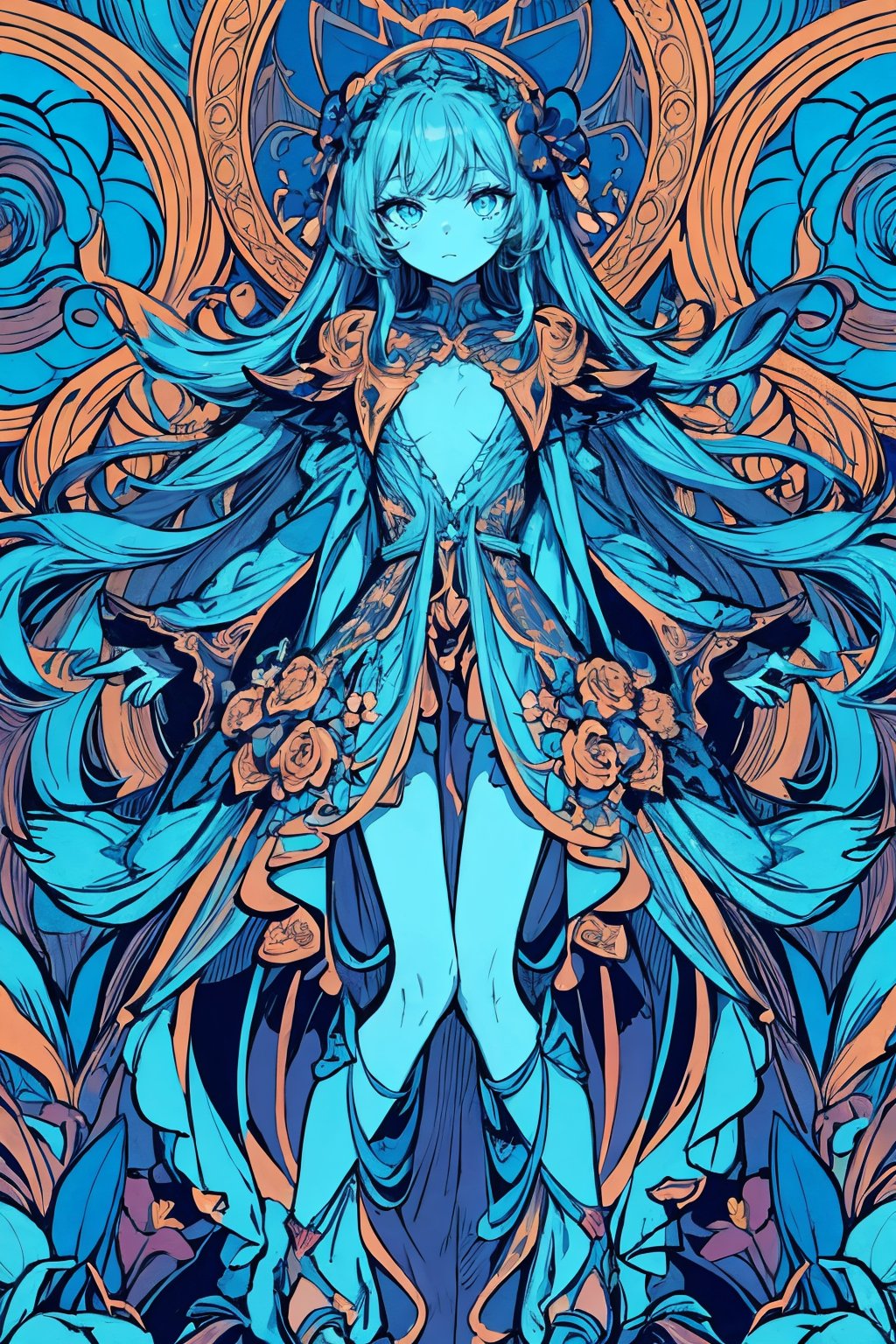 masterpiece, best quality, 1girl, flowers, flat color, lineart, abstract, ornate, blue theme