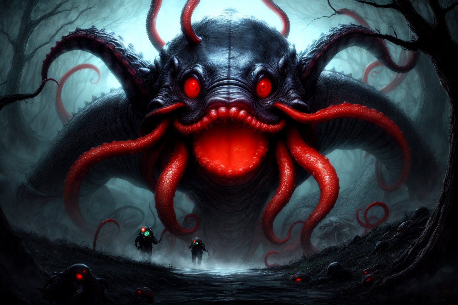 Tentacled Whisperer, red eyes, horrer giant cthulhu, mythical creatures hide in darkness, Gas-masked Transport Cops