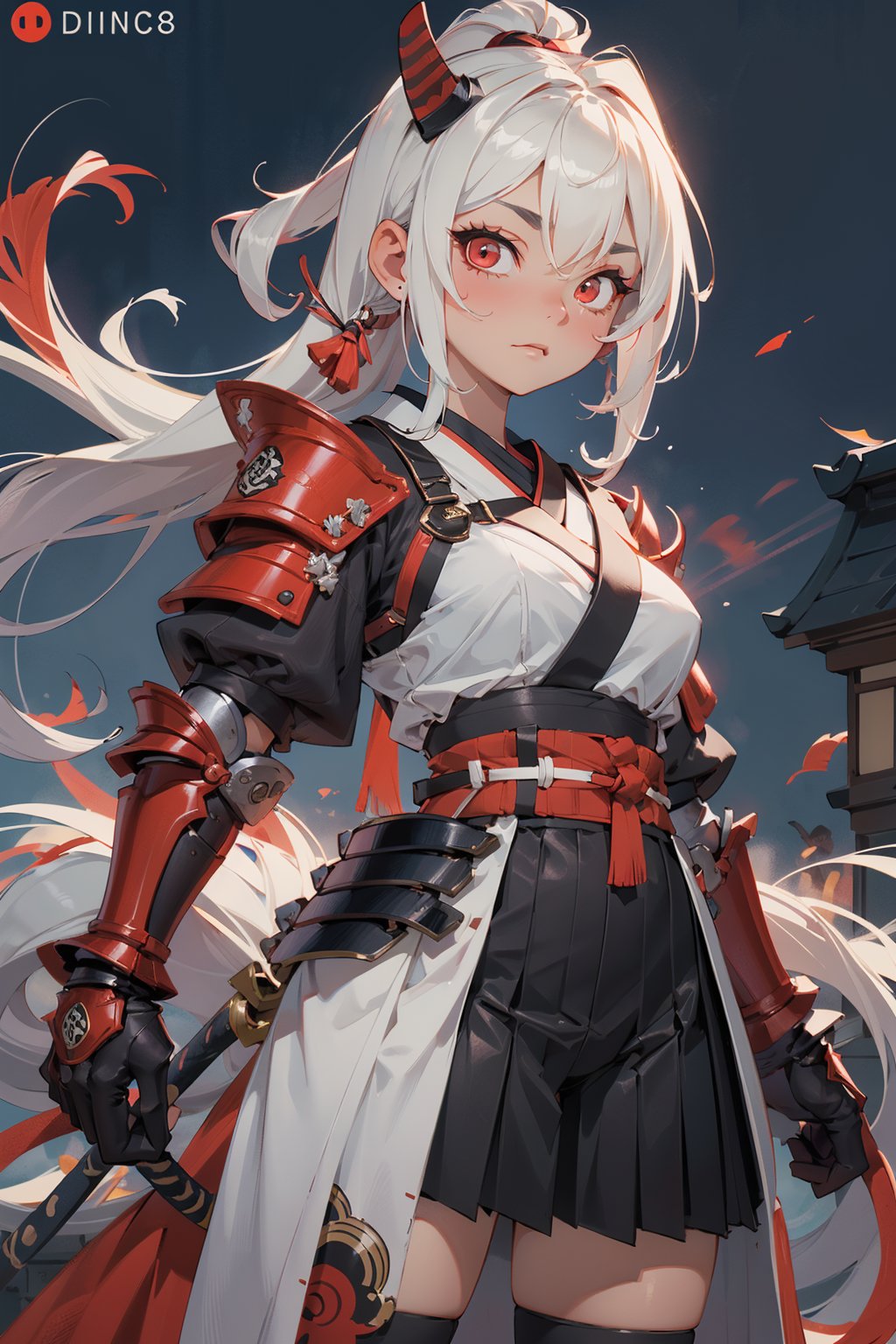 (dinamic pose), (face of a 26 year old girl, body of a 26 year old girl), crimson red eyes, female samurai, armor, skirt, horror style, area lighting