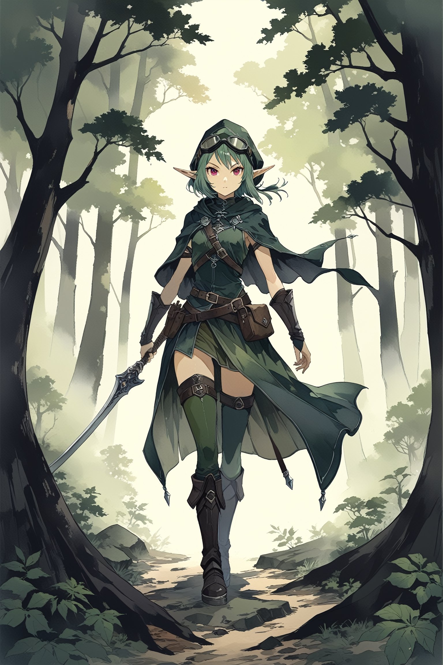 watercolor style, 1girl, solo, a female dark elf ranger, with short dark green hair and dark goggles, full body, detailed forest background, looking at viewer, more detail XL,Drow