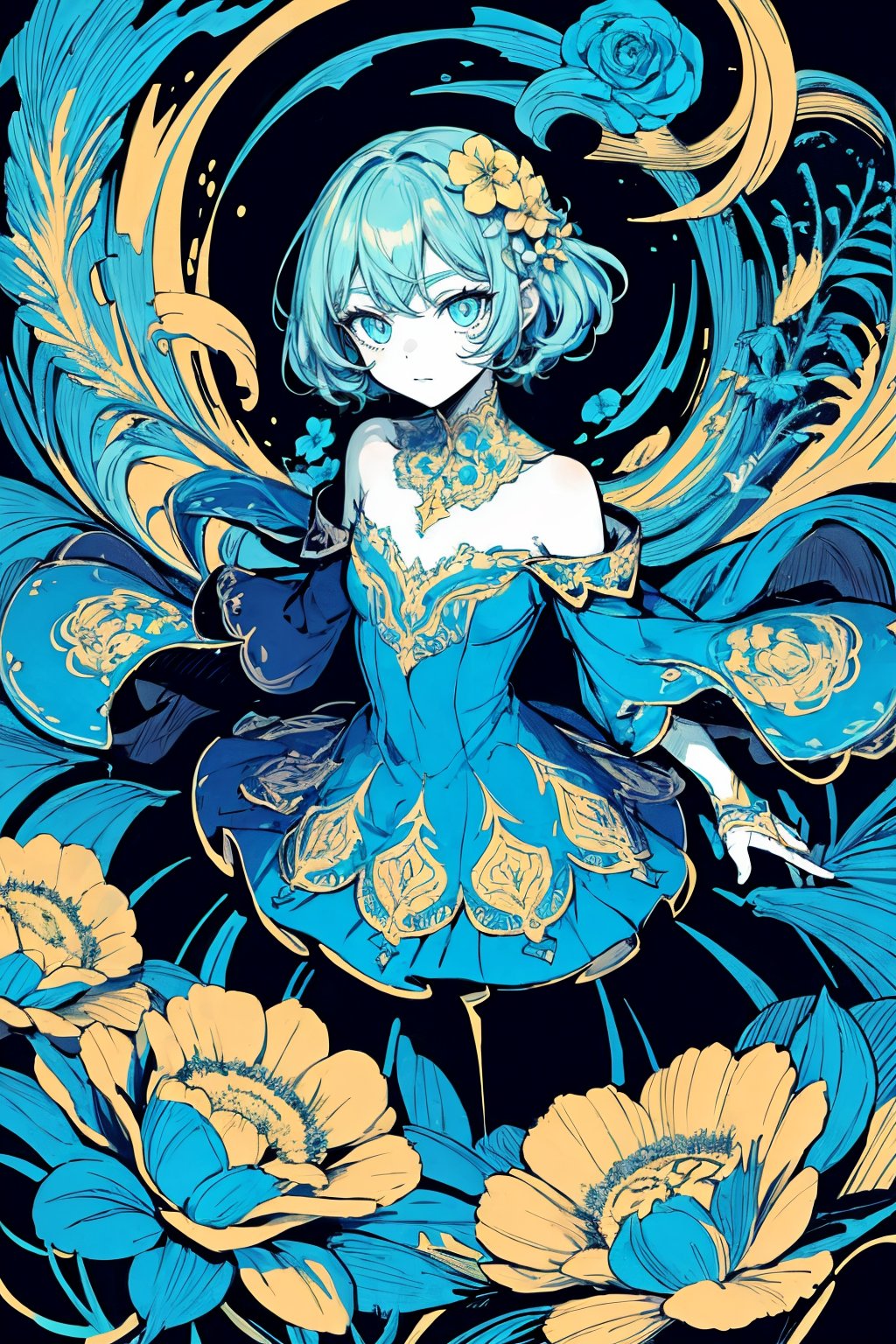 masterpiece, best quality, 1girl, flowers, flat color, lineart, abstract, ornate, blue theme