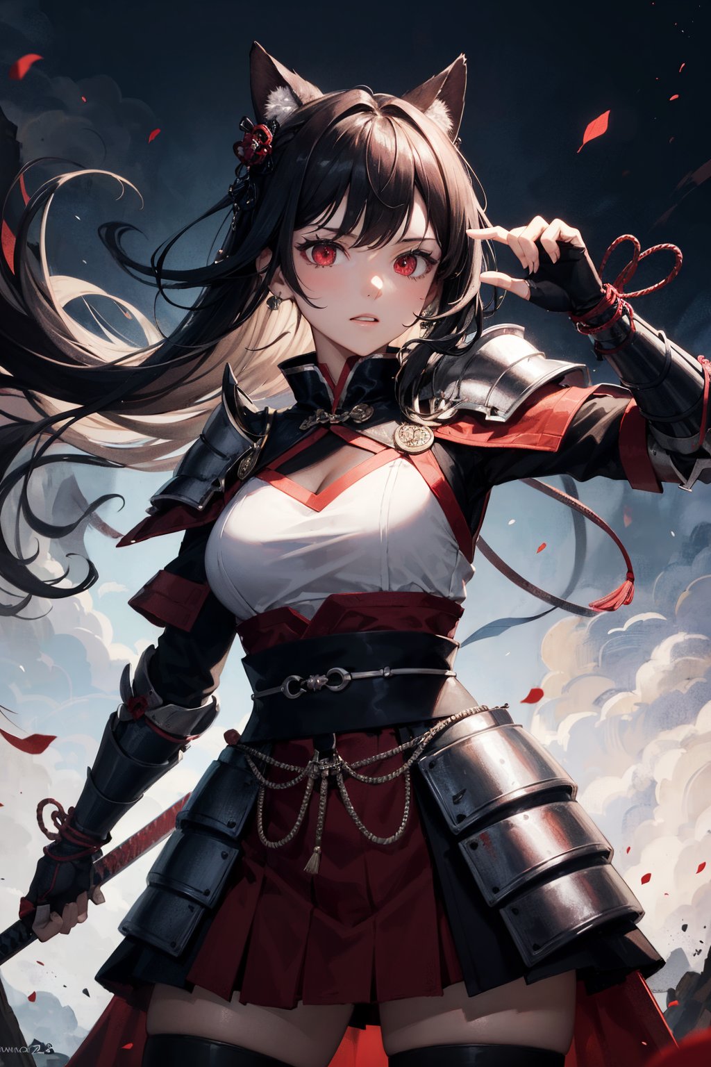 (dinamic pose), (face of a 26 year old girl, body of a 26 year old girl), crimson red eyes, female samurai, armor, skirt, horror style, area lighting