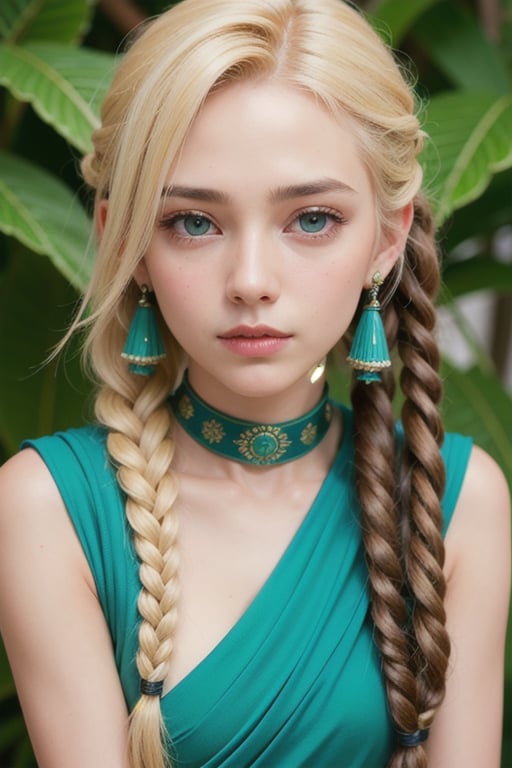 Protrait, photograph, androgynous hunnuman, oval jaw, delicate features, beautiful face, dreadlocked hair, long bangs, long ponytail, blonde hair color, bright blue-green eyes, hindu art, Korean