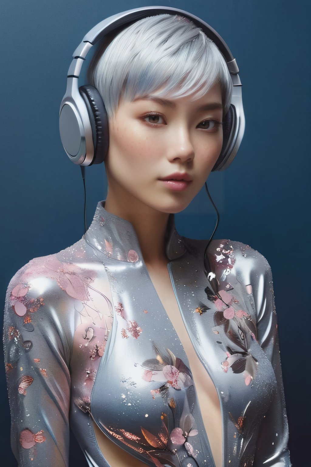 A stunning, vibrant digital drawing of a woman with short grey hair, wearing headphones and a muted-colored bodysuit, inspired by the artistic styles of James Jean, Jeremy Enecio, Ade Santora, and Aloysius O'Kelly. Frost clings to her skin, and she is draped in silk, reminiscent of sun-hyuk Kim's work. The overall aesthetic is a blend of Æon Flux, graffiti, ukiyo-e, painting, photography, and 3D render, creating a dark fantasy, conceptual art piece that combines elements of fashion, architecture, cinematic, wildlife photography, poster, and portrait photography. The woman is trending on Artforum, and the artwork was created by the talented artist, Sun-Hyuk Kim., poster, conceptual art, dark fantasy, cinematic, vibrant, illustration, portrait photography, fashion, anime, painting, product, architecture, photo, 3d render, wildlife photography, graffiti, ukiyo-e,glitter