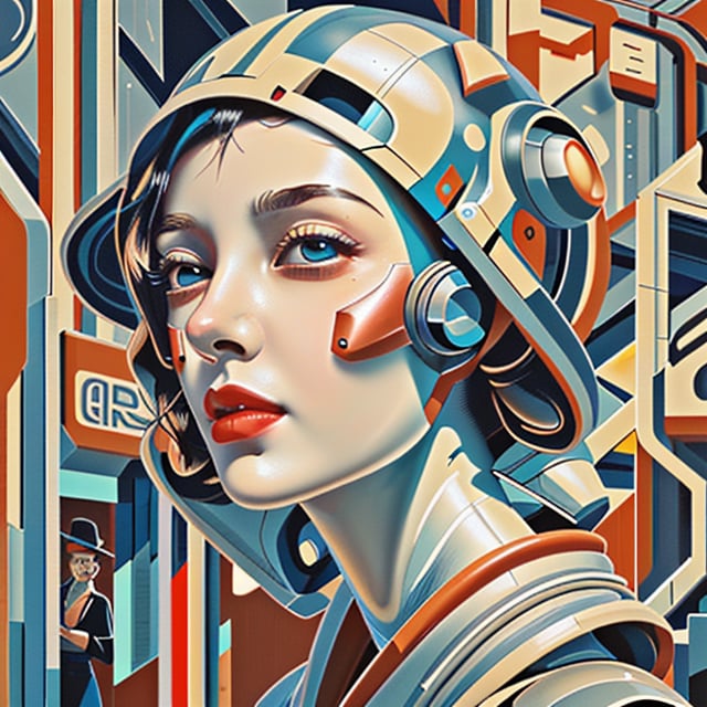 retrofuturism style, soft skin, wide, trending on artstation, concept art, illustration, oil on canvas, 1930s, cartoon strips, cinematic, professional photography, cyberpunk robot