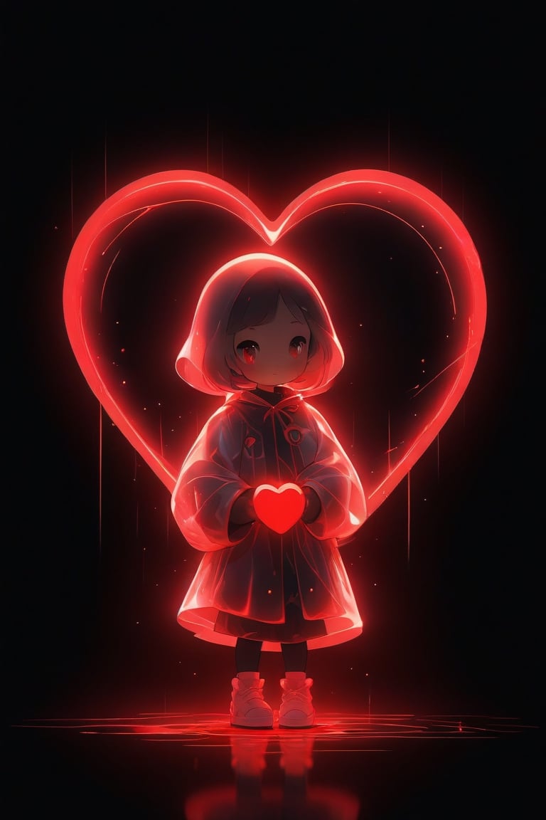 color photo of a girl standing in the depths of pitch darkness, her silhouette barely discernible. Within this abyss, she holds a bright red glowing heart in her hand, cradled high above her head. The radiant glow emanating from the heart illuminates a small area around her, revealing fragments of her surroundings. The contrast between the intense brightness of the heart and the surrounding darkness creates a captivating visual effect. It symbolizes the power of love and resilience, as the girl bravely holds onto this glowing beacon amidst the obscurity. This evocative image invites viewers to contemplate the transformative nature of love, how it has the ability to illuminate even the darkest corners of our lives