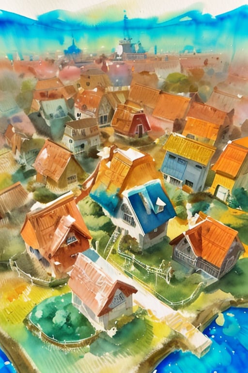 ridicules funny aerial view, village of cute tiny assorted houses, whimsical, fanciful in Studio Ghibli style, a stunningly detailed fluid watercolor painting by Jean Baptiste Monge, incorporating ink flow, calligraphy, acrylic, Chinese ink, and color art, styled in Art Nouveau,