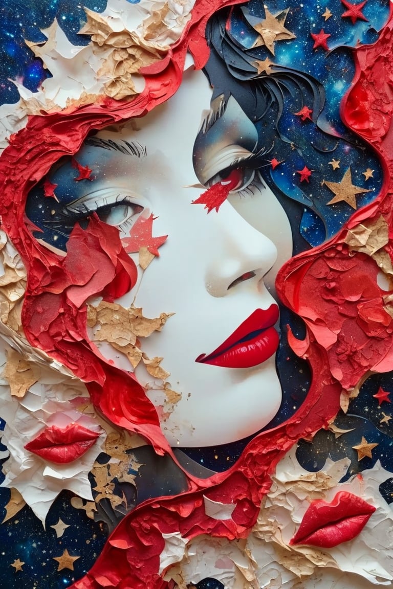 a close up of a woman a red lipstick, "Fractal Starscape" in melted paper style, 