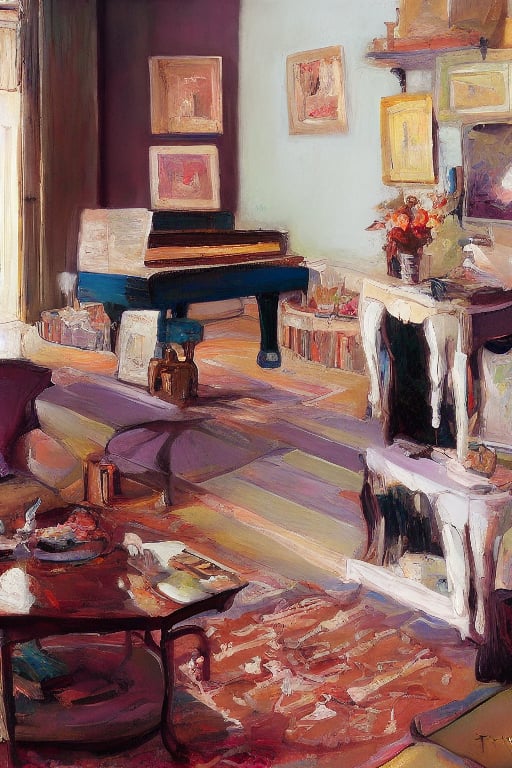  (masterpiece) lovely gentle living room in pastel colors in a modern style. Piano in the center, Erin Hanson, Thomas Cole, George Inness, Russ Mills, Pierre Soulages