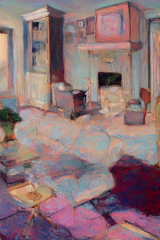  (masterpiece) lovely gentle living room in pastel colors in a modern style, Erin Hanson, Thomas Cole, George Inness, Russ Mills, Pierre Soulages