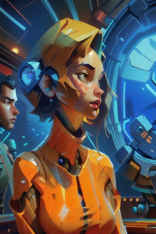 retrofuturism style, soft skin, wide, trending on artstation, concept art, illustration, oil on canvas, 1930s, cartoon strips, cinematic, professional photography, cyberpunk robot